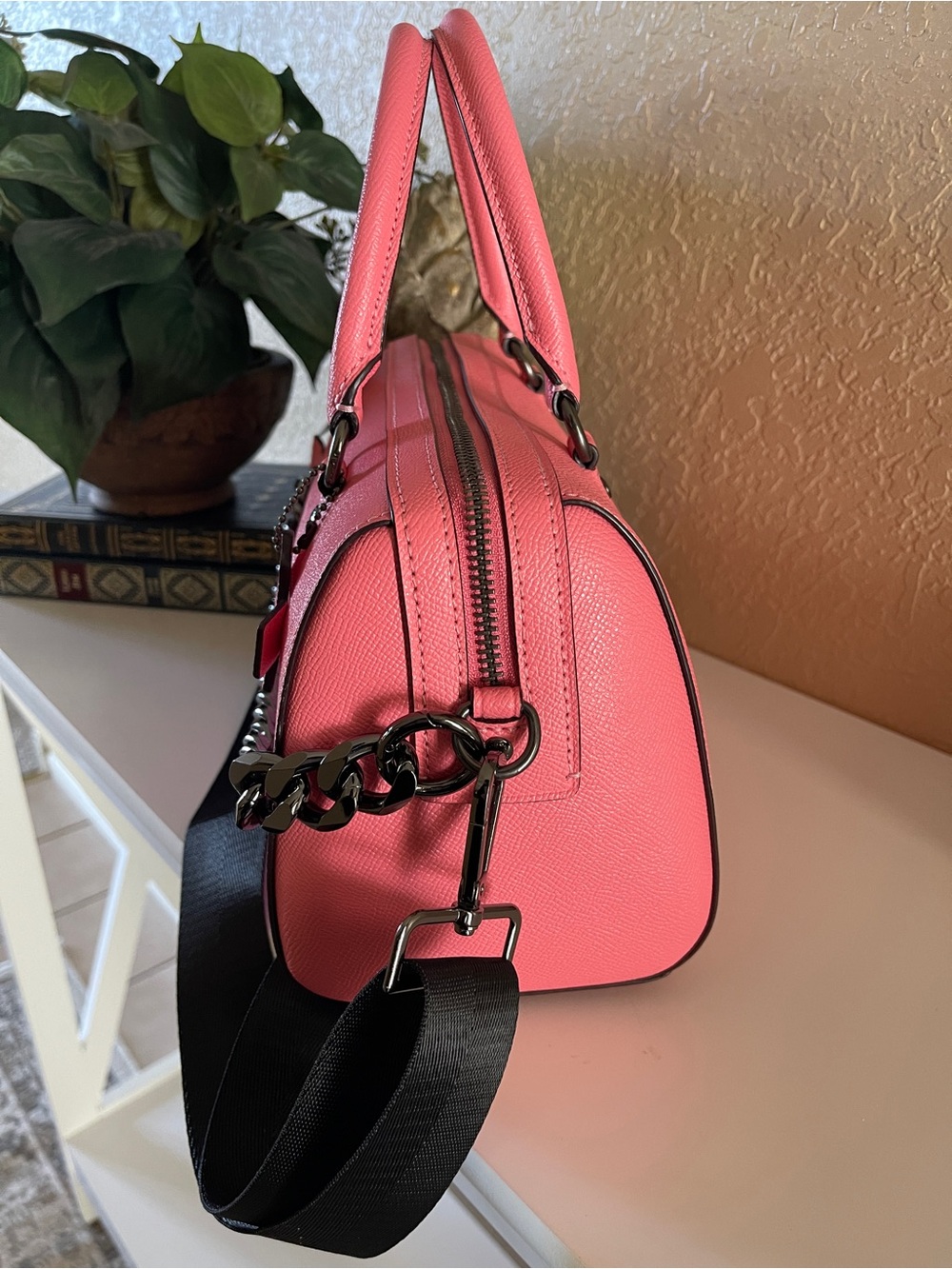 COACH Pink Saffiano Leather Satchel with Chain Detail - Picture 4 of 10